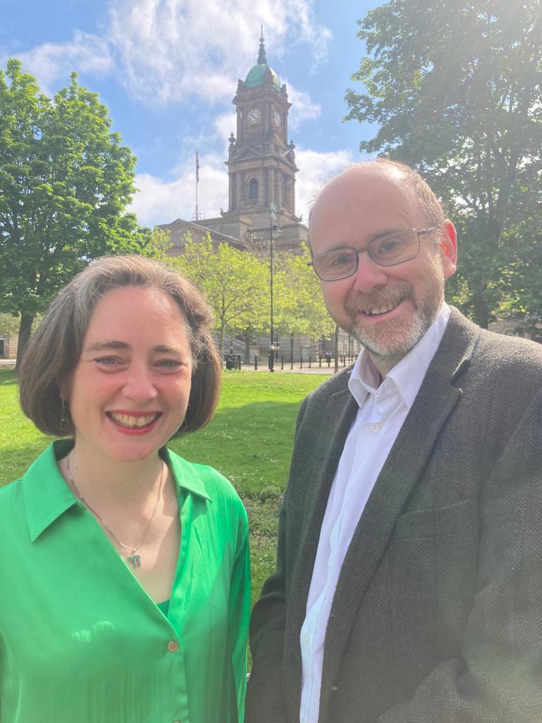 Cllr Jo Bird and Cllr Pat Cleary with Birkenhead Town Hall in the background