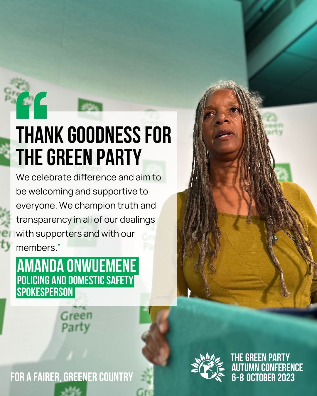 Wirral councillor Amanda Onwuemene (Birkenhead & Tranmere) received a standing ovation for her speech at this year's Green Party Conference